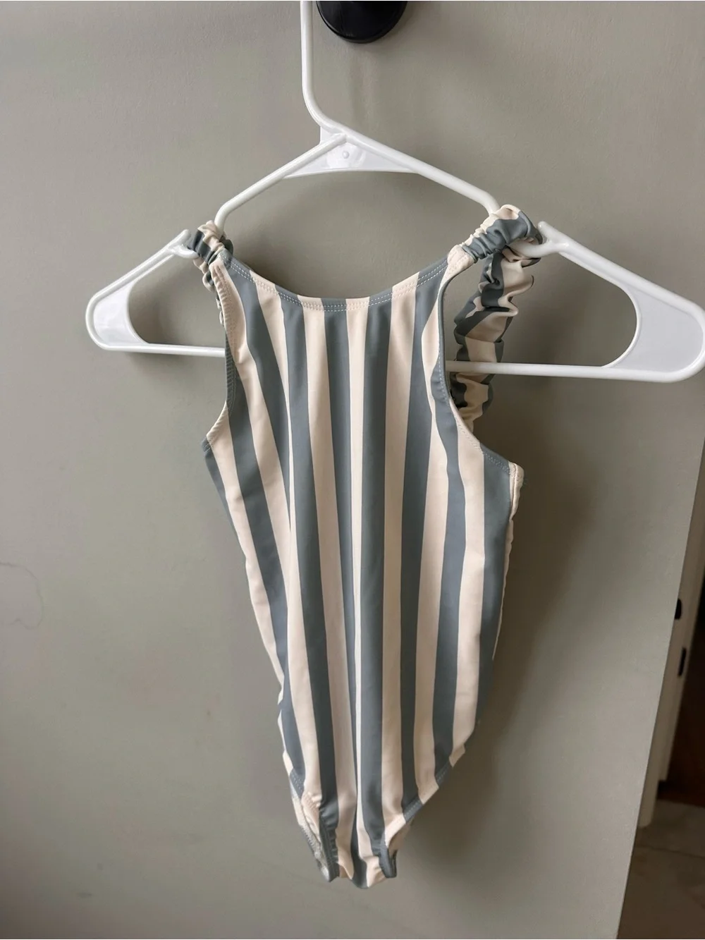 Rylee + Cru Blue and Cream Striped Ruffle Shoulder One-Piece